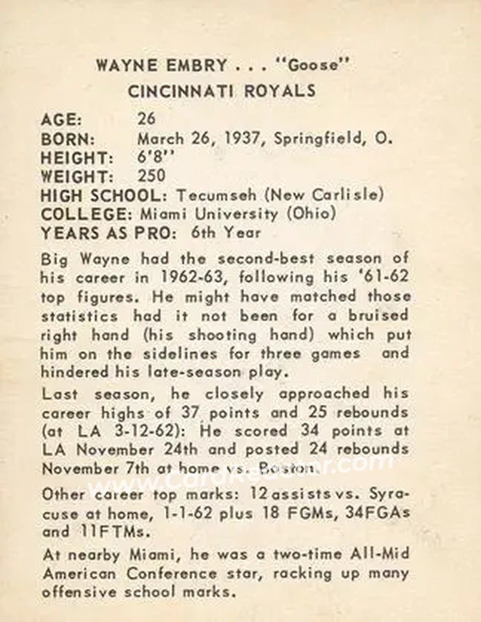 1963-64 Kahn's #NNO - Wayne Embry - Cincinnati Royals - Back