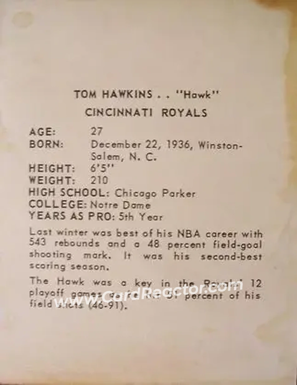 1963-64 Kahn's #NNO - Tom Hawkins - Cincinnati Royals - Back