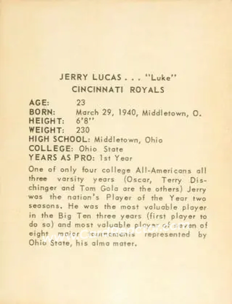 1963-64 Kahn's #NNO - Jerry Lucas - Cincinnati Royals - Back