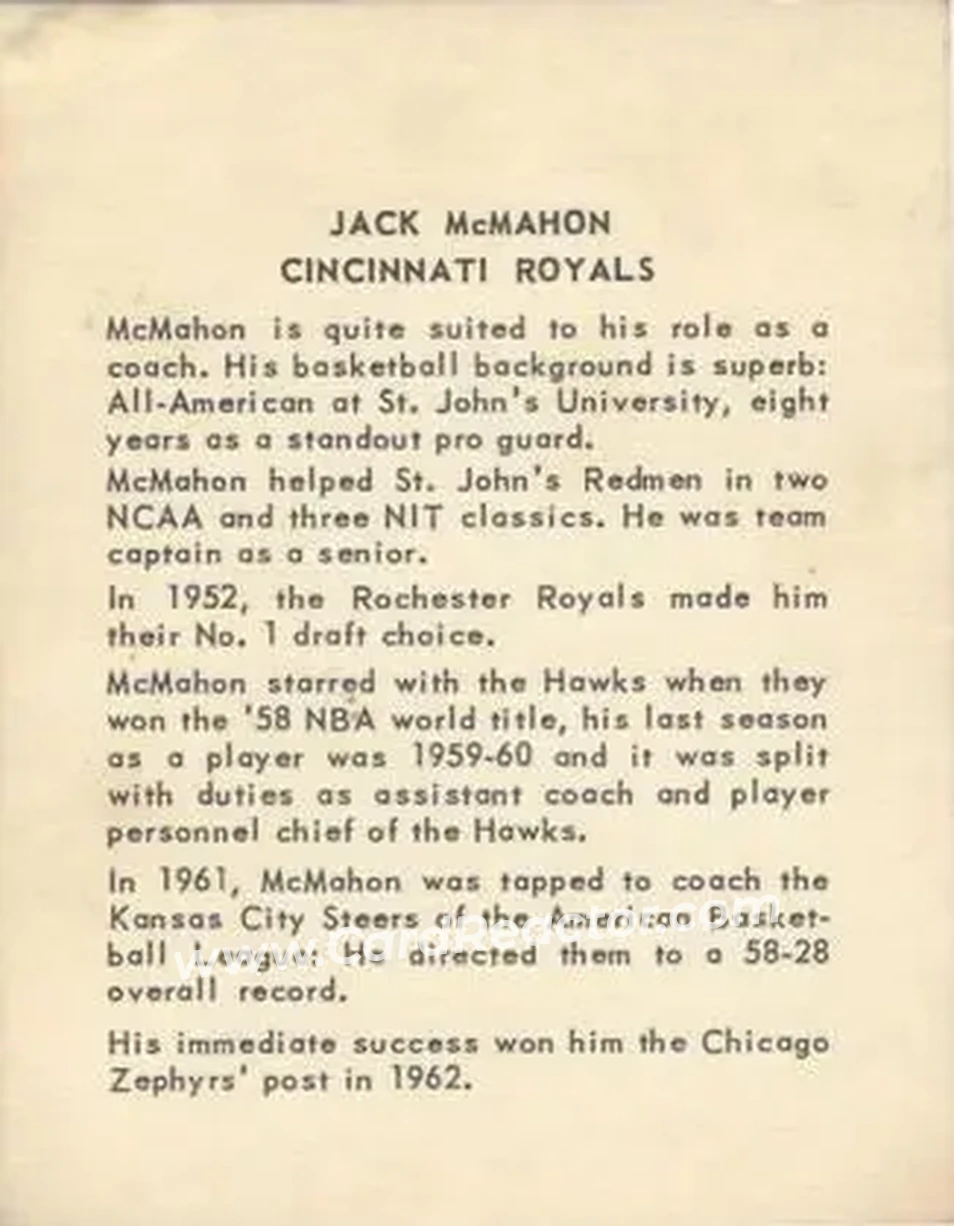 1963-64 Kahn's #NNO - Jack McMahon - Cincinnati Royals - Back