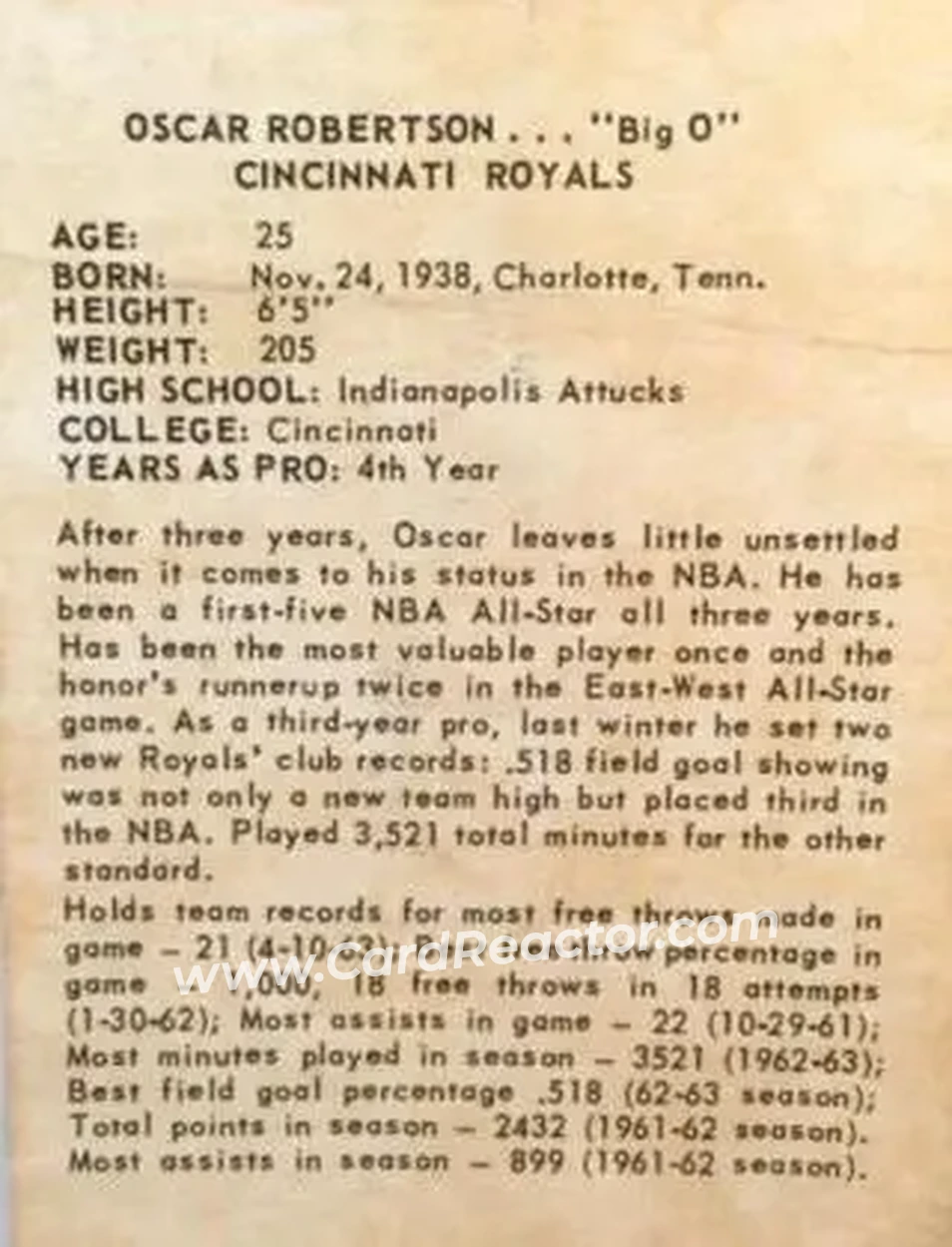 1963-64 Kahn's #NNO - Oscar Robertson - Cincinnati Royals - Back 1963-64 Kahn's #NNO - Oscar Robertson - Cincinnati Royals - Back