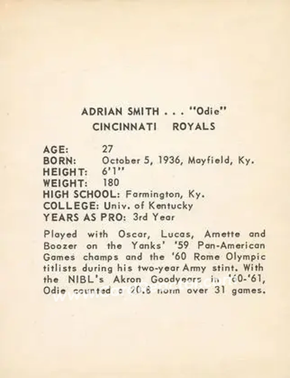 1963-64 Kahn's #NNO - Adrian Smith - Cincinnati Royals - Back