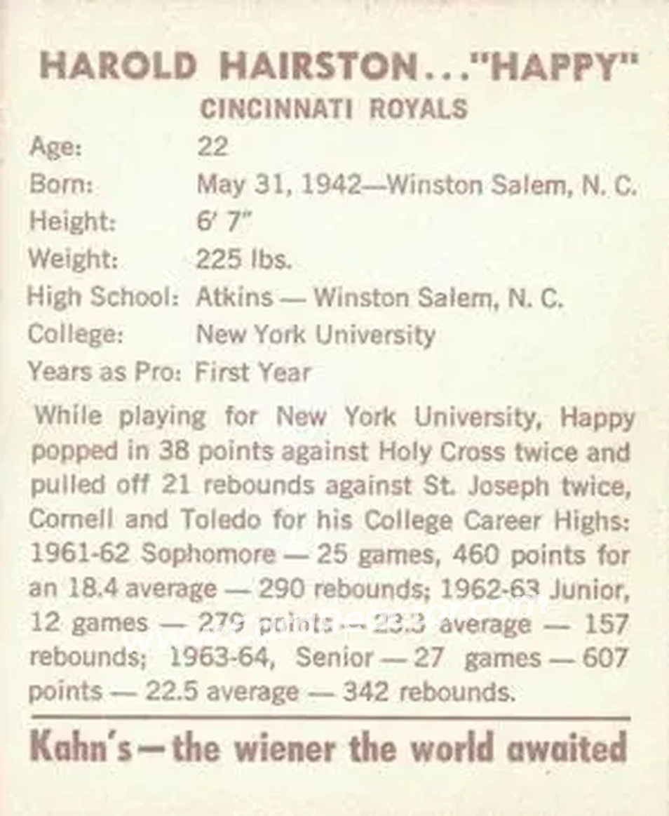 1964-65 Kahn's #NNO - Happy Hairston - Cincinnati Royals - Back