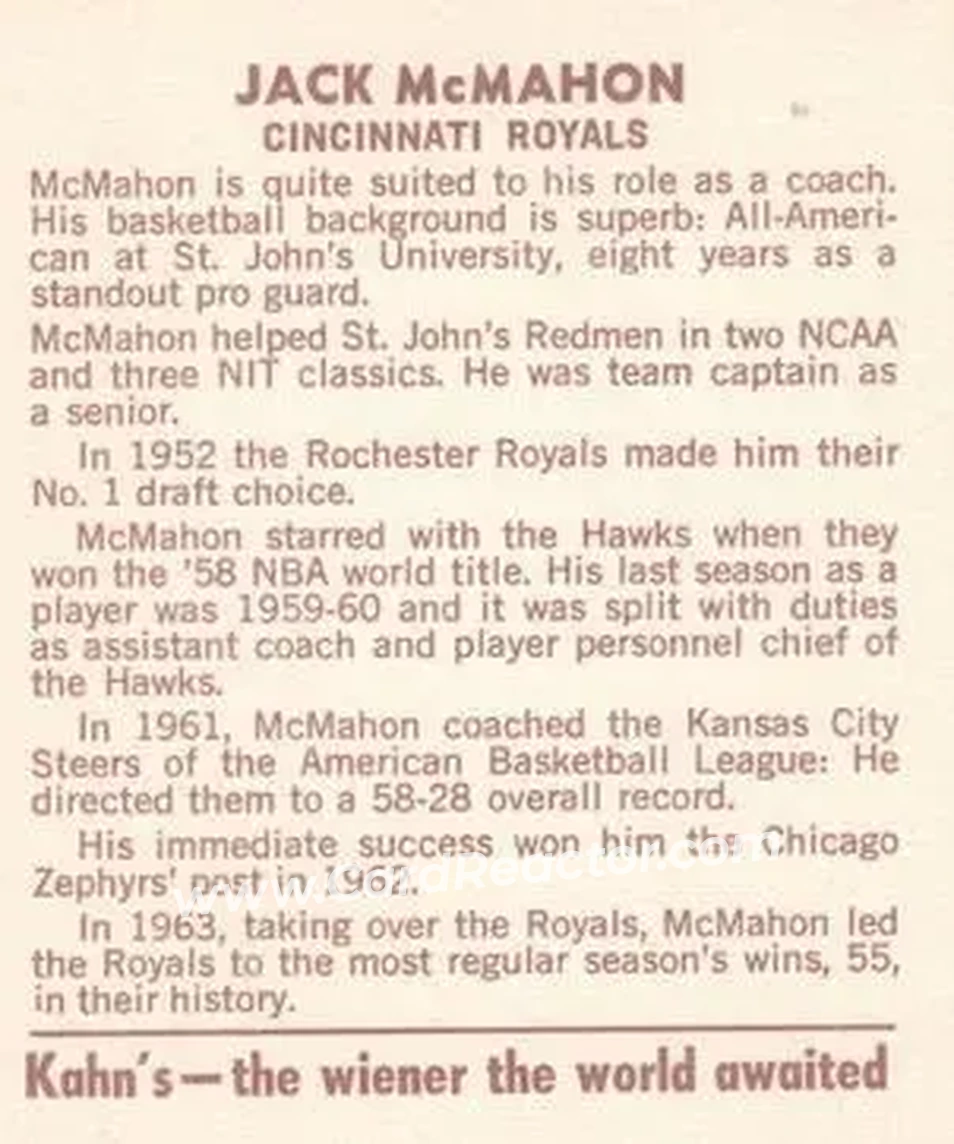 1964-65 Kahn's #NNO - Jack McMahon - Cincinnati Royals - Back