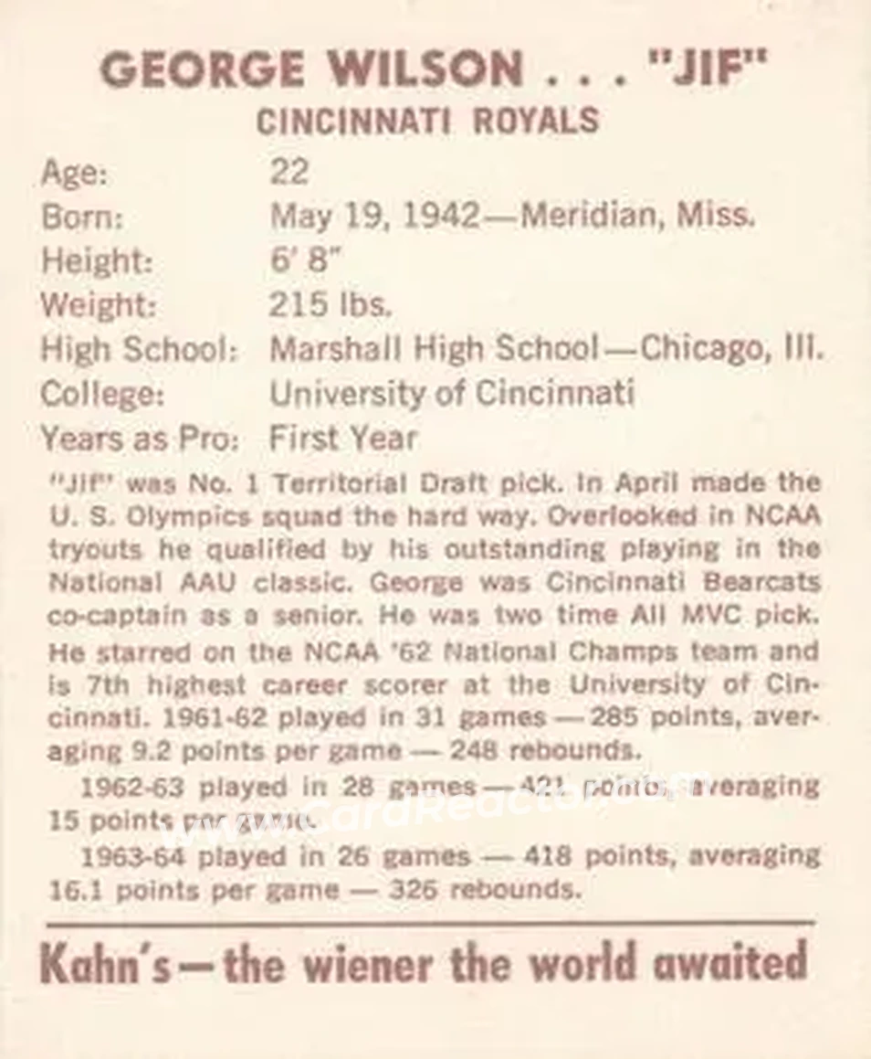 1964-65 Kahn's #NNO - George Wilson - Cincinnati Royals - Back