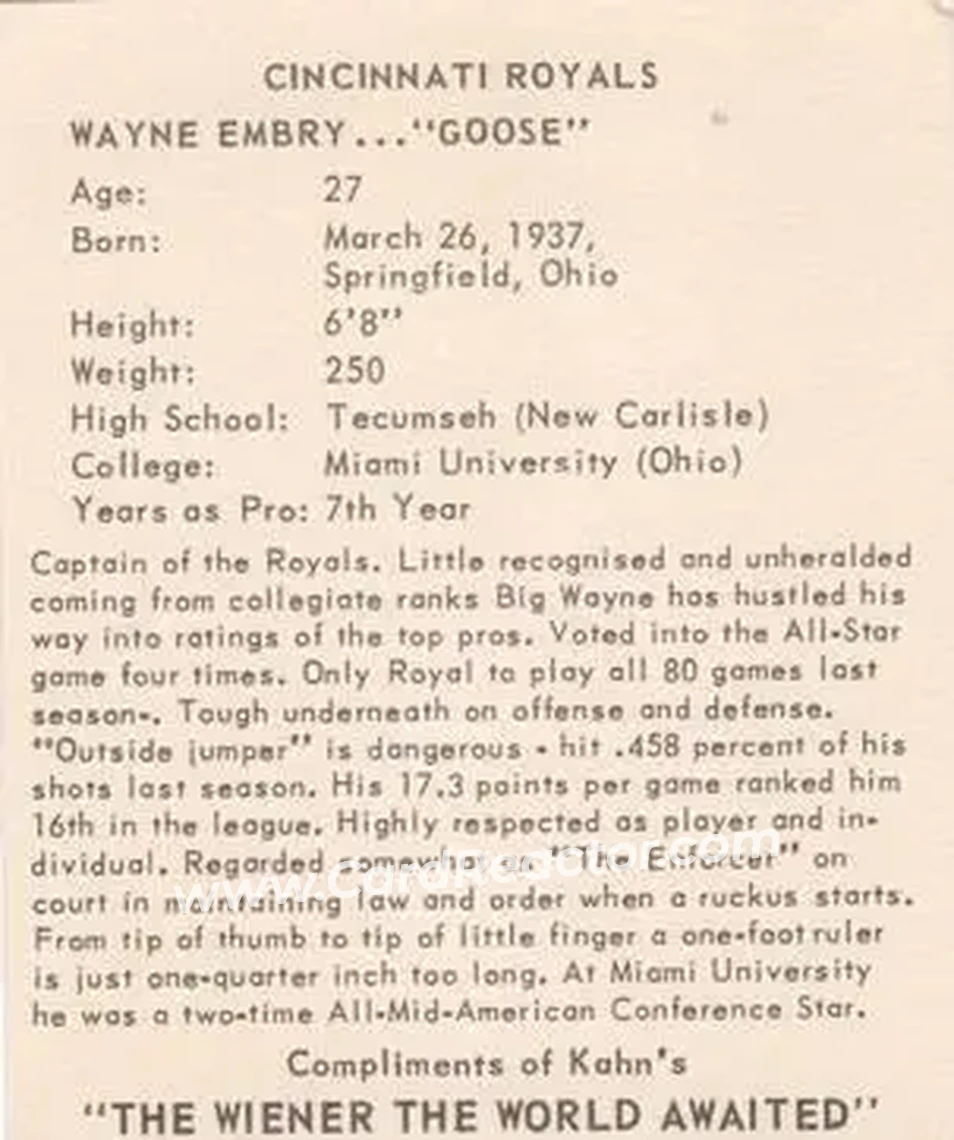 1964-65 Kahn's #NNO - Wayne Embry - Cincinnati Royals - Back