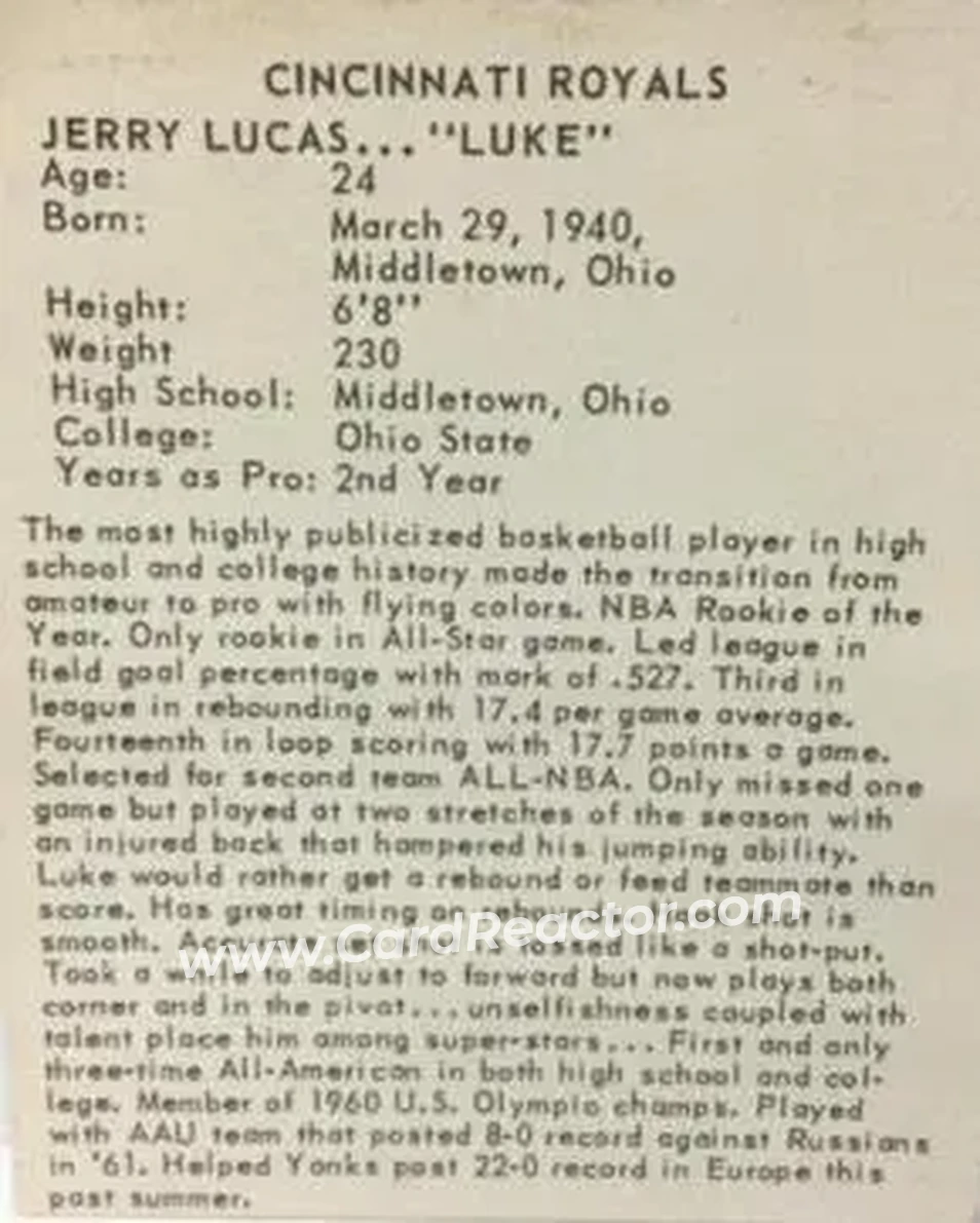1964-65 Kahn's #NNOb - Jerry Lucas - Cincinnati Royals - Back