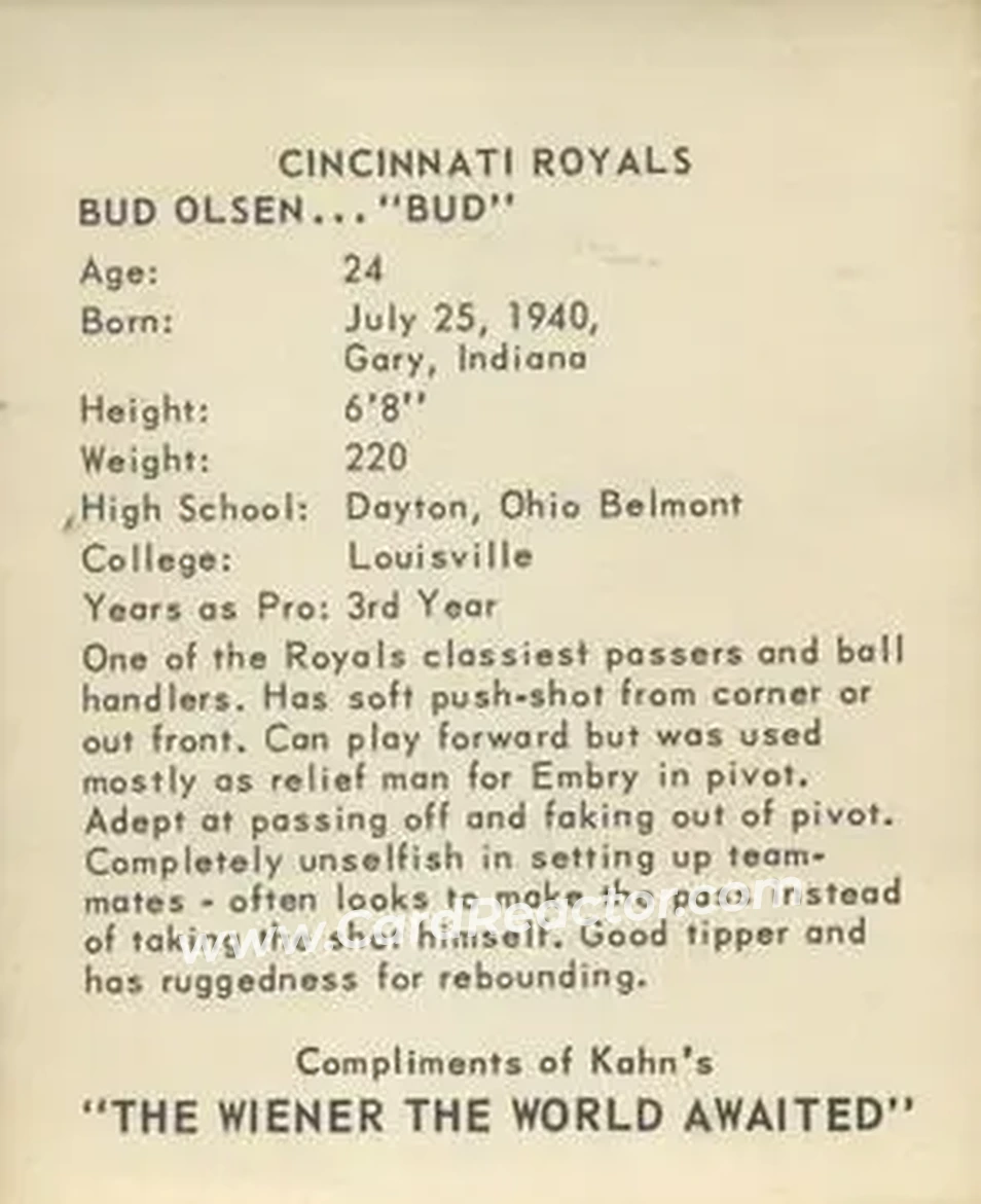 1964-65 Kahn's #NNO - Bud Olsen - Cincinnati Royals - Back
