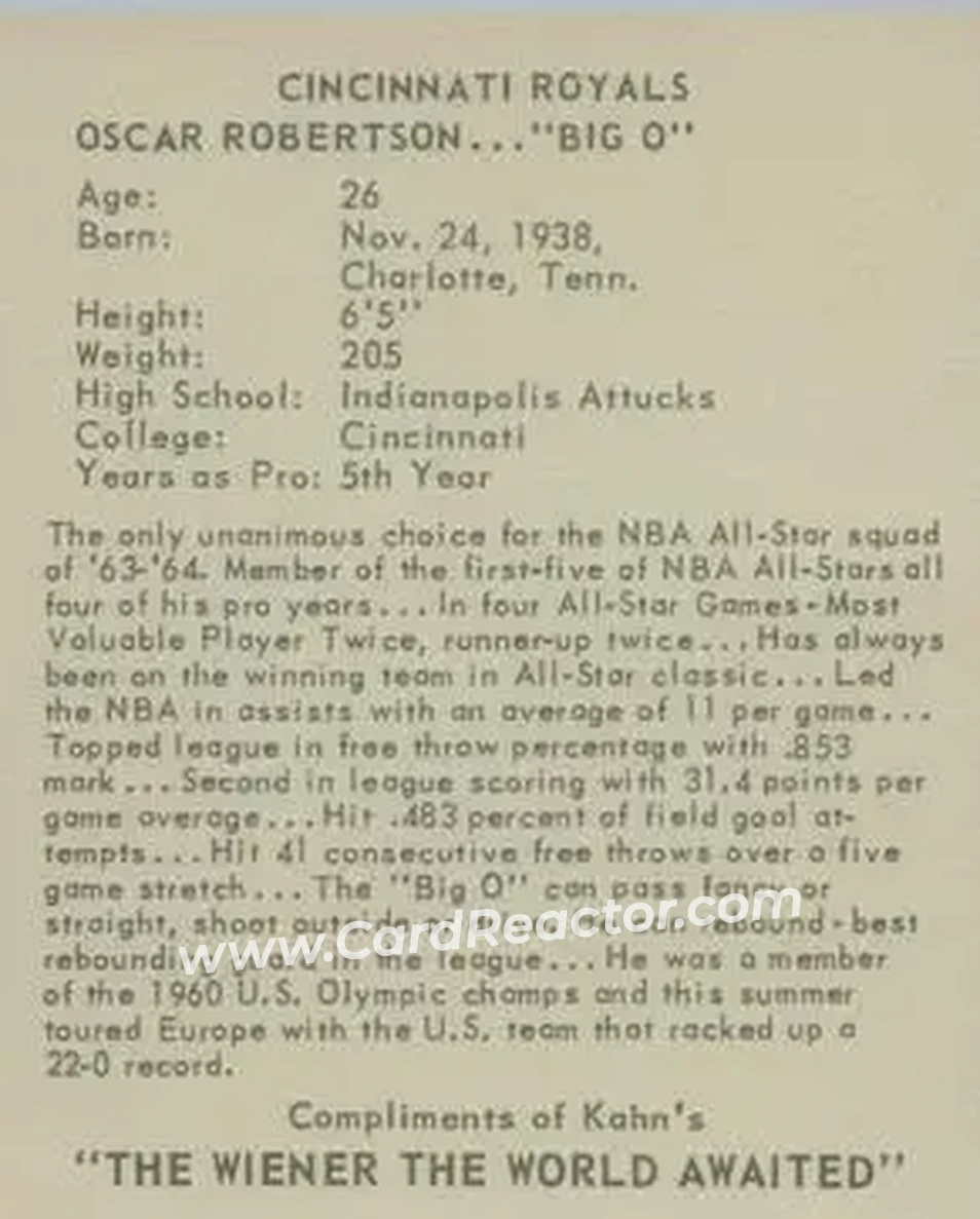 1964-65 Kahn's #NNOa - Oscar Robertson - Cincinnati Royals - Back 1964-65 Kahn's #NNOa - Oscar Robertson - Cincinnati Royals - Back