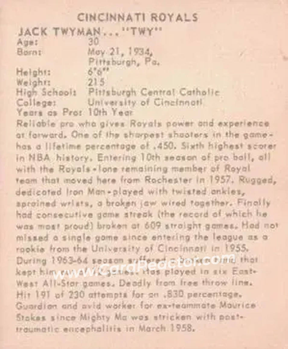 1964-65 Kahn's #NNO - Jack Twyman - Cincinnati Royals - Back 1964-65 Kahn's #NNO - Jack Twyman - Cincinnati Royals - Back