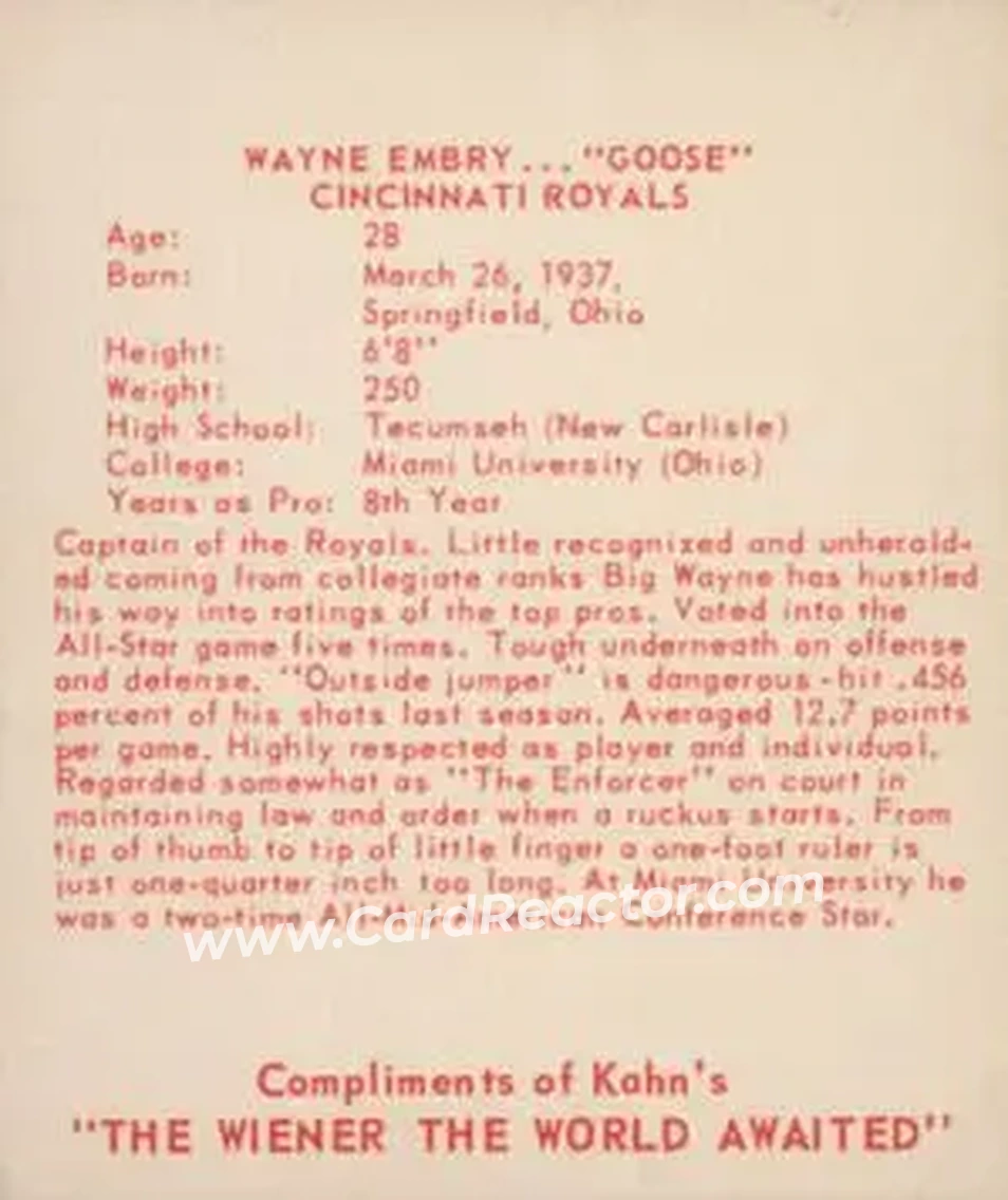 1965-66 Kahn's #NNO - Wayne Embry - Cincinnati Royals - Back