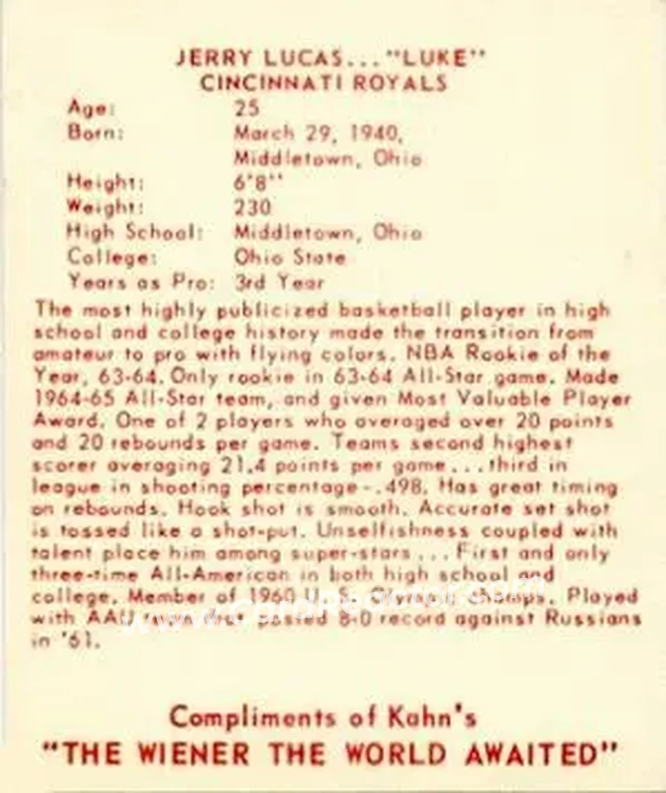 1965-66 Kahn's #NNO - Jerry Lucas - Cincinnati Royals - Back 1965-66 Kahn's #NNO - Jerry Lucas - Cincinnati Royals - Back