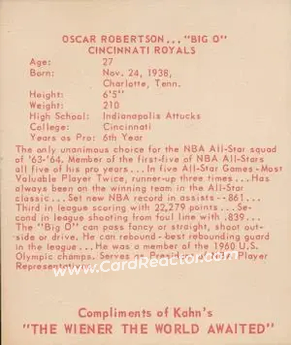 1965-66 Kahn's #NNO - Oscar Robertson - Cincinnati Royals - Back 1965-66 Kahn's #NNO - Oscar Robertson - Cincinnati Royals - Back
