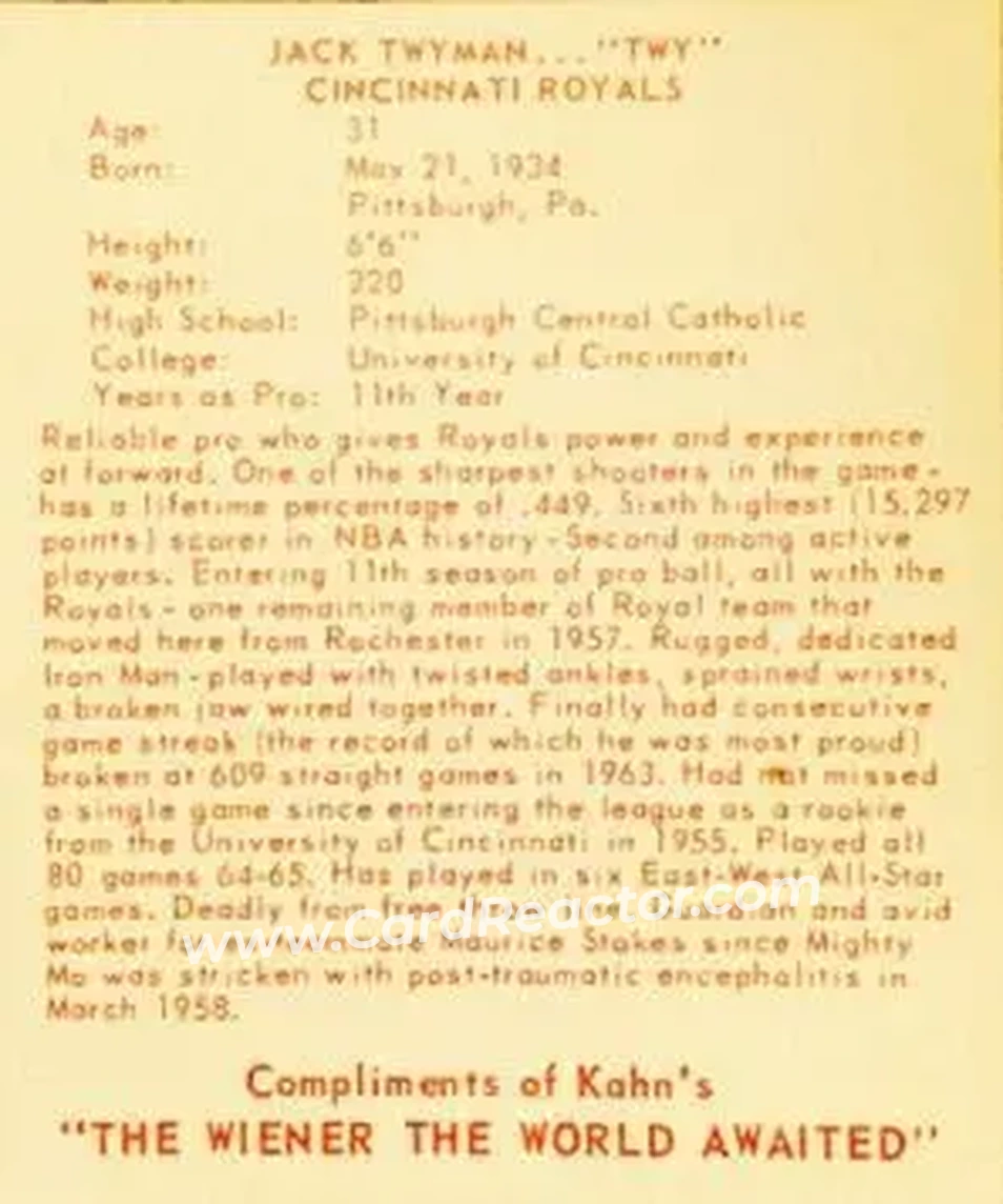 1965-66 Kahn's #NNO - Jack Twyman - Cincinnati Royals - Back 1965-66 Kahn's #NNO - Jack Twyman - Cincinnati Royals - Back