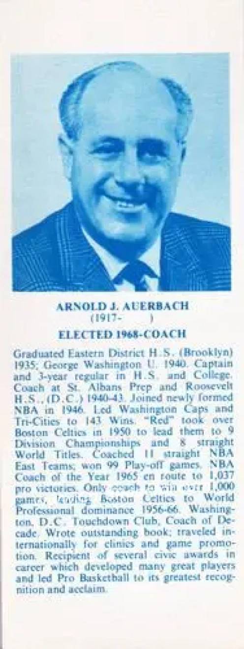 1968-74 NBA Hall of Fame Bookmarks #NNO - Red Auerbach - Front