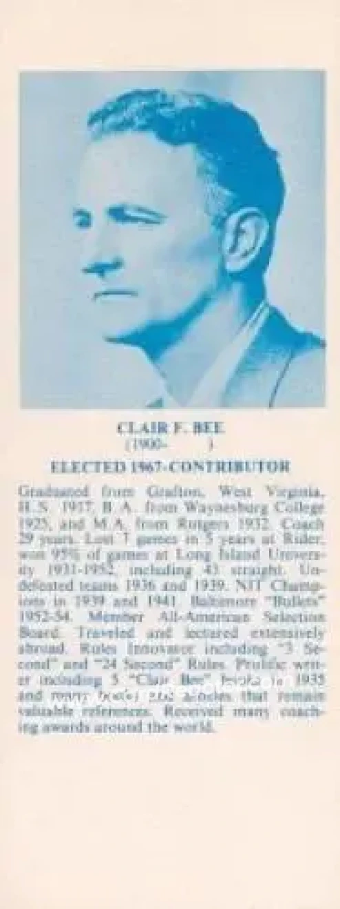1968-74 NBA Hall of Fame Bookmarks #NNO - Clair Bee - LIU-Brooklyn Blackbirds - Front 1968-74 NBA Hall of Fame Bookmarks #NNO - Clair Bee - LIU-Brooklyn Blackbirds - Front