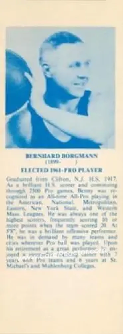 1968-74 NBA Hall of Fame Bookmarks #NNO - Bennie Borgman - Front