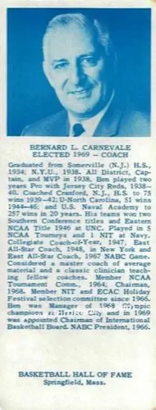 1968-74 NBA Hall of Fame Bookmarks #NNO - Ben Carnevale - Front