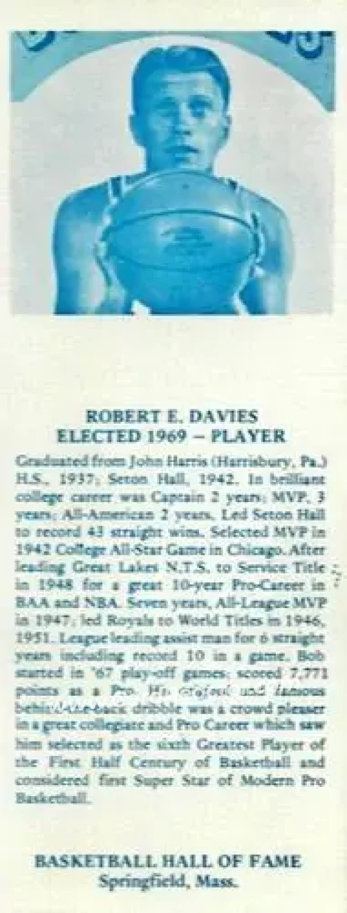 1968-74 NBA Hall of Fame Bookmarks #NNO - Bob Davies - Rochester Royals - Front 1968-74 NBA Hall of Fame Bookmarks #NNO - Bob Davies - Rochester Royals - Front