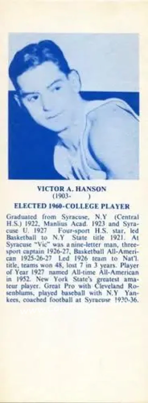1968-74 NBA Hall of Fame Bookmarks #NNO - Vic Hanson - Syracuse Orangemen - Front 1968-74 NBA Hall of Fame Bookmarks #NNO - Vic Hanson - Syracuse Orangemen - Front