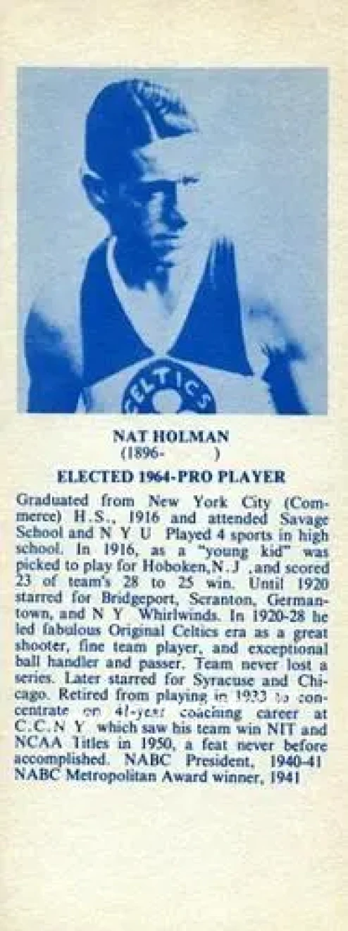 1968-74 NBA Hall of Fame Bookmarks #NNO - Nat Holman - Boston Celtics - Front