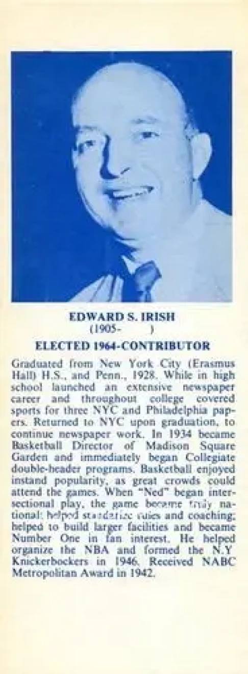 1968-74 NBA Hall of Fame Bookmarks #NNO - Ned Irish - New York Knicks - Front