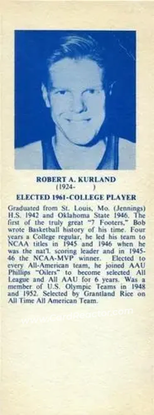 1968-74 NBA Hall of Fame Bookmarks #NNO - Bob Kurland - Front