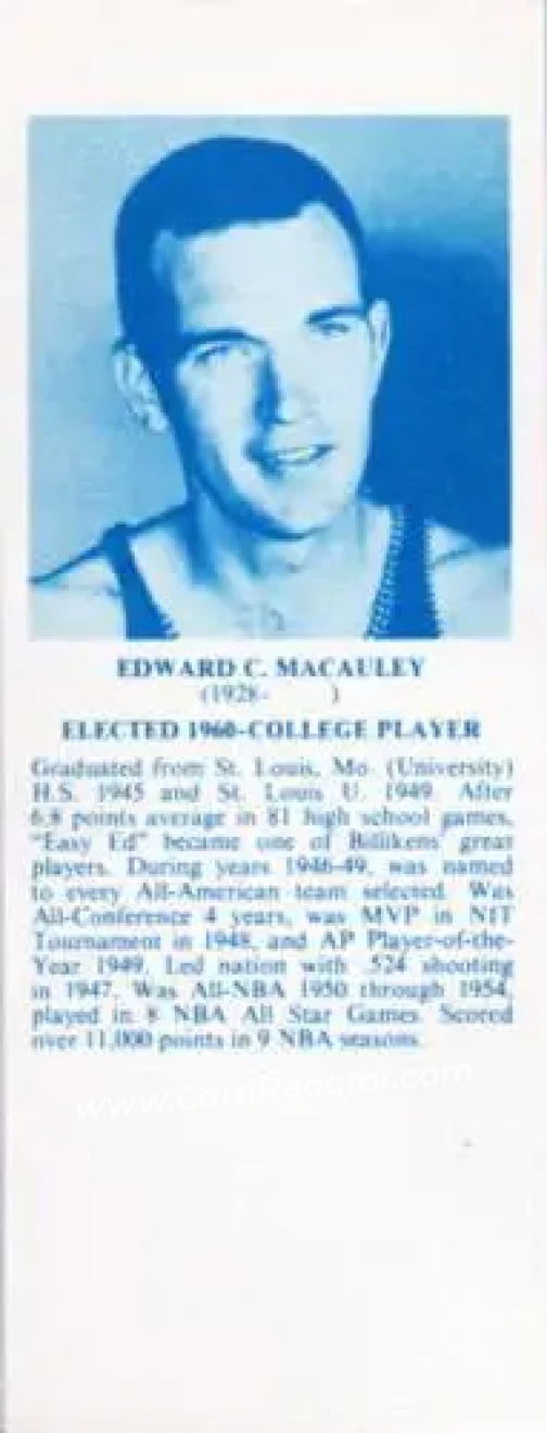 1968-74 NBA Hall of Fame Bookmarks #NNO - Ed Macauley - Front 1968-74 NBA Hall of Fame Bookmarks #NNO - Ed Macauley - Front