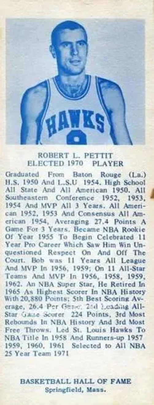 1968-74 NBA Hall of Fame Bookmarks #NNO - Bob Pettit - St. Louis Hawks - Front 1968-74 NBA Hall of Fame Bookmarks #NNO - Bob Pettit - St. Louis Hawks - Front