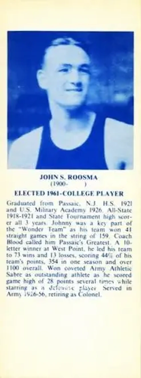 1968-74 NBA Hall of Fame Bookmarks #NNO - John Roosma - Army Black Knights - Front