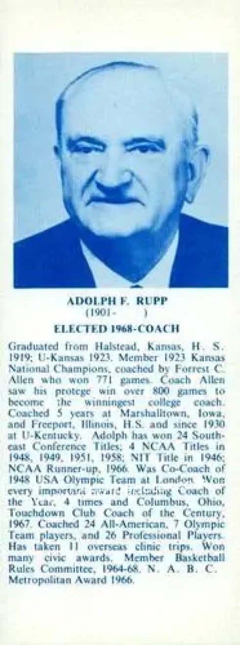 1968-74 NBA Hall of Fame Bookmarks #NNO - Adolph Rupp - Kentucky Wildcats - Front 1968-74 NBA Hall of Fame Bookmarks #NNO - Adolph Rupp - Kentucky Wildcats - Front
