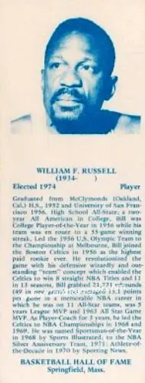 1968-74 NBA Hall of Fame Bookmarks #NNO - Bill Russell - Boston Celtics - Front
