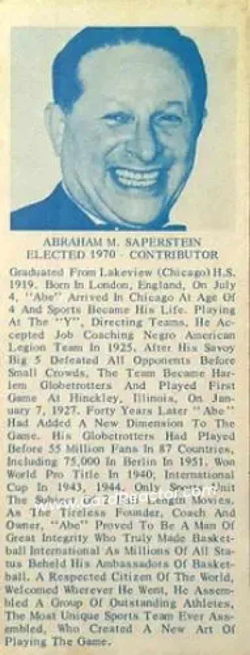 1968-74 NBA Hall of Fame Bookmarks #NNO - Abe Saperstein - Harlem Globetrotters - Front 1968-74 NBA Hall of Fame Bookmarks #NNO - Abe Saperstein - Harlem Globetrotters - Front