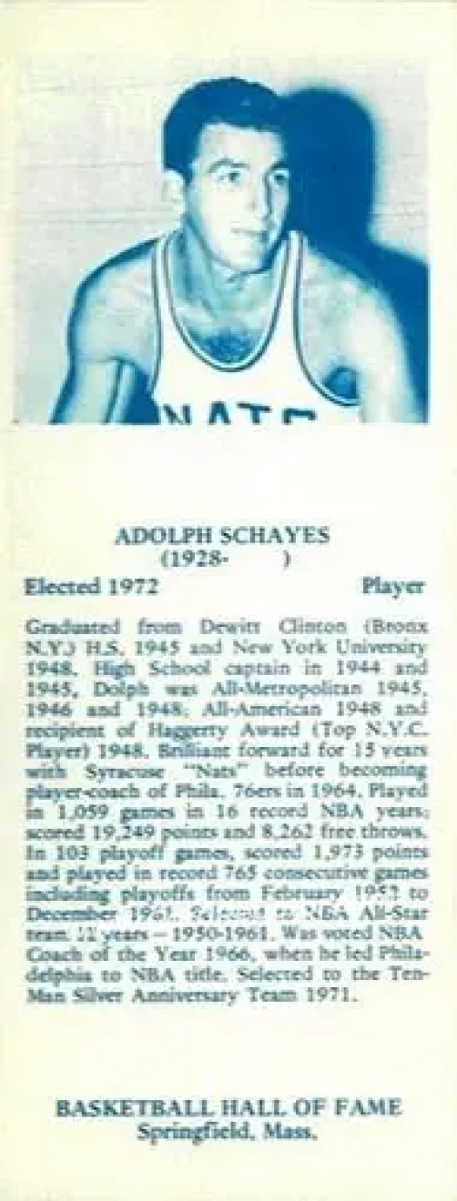 1968-74 NBA Hall of Fame Bookmarks #NNO - Dolph Schayes - Syracuse Nationals - Front