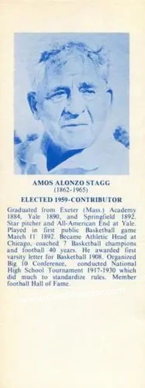 1968-74 NBA Hall of Fame Bookmarks #NNO - Amos Alonzo Stagg - Chicago Maroons - Front