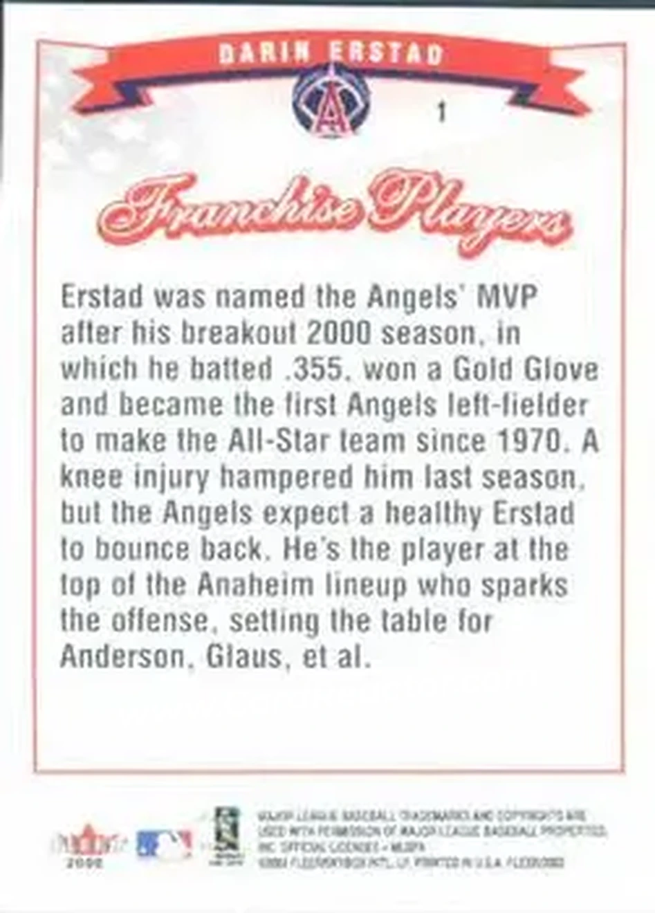 2002 Fleer #1 - Darin Erstad - Anaheim Angels - Back
