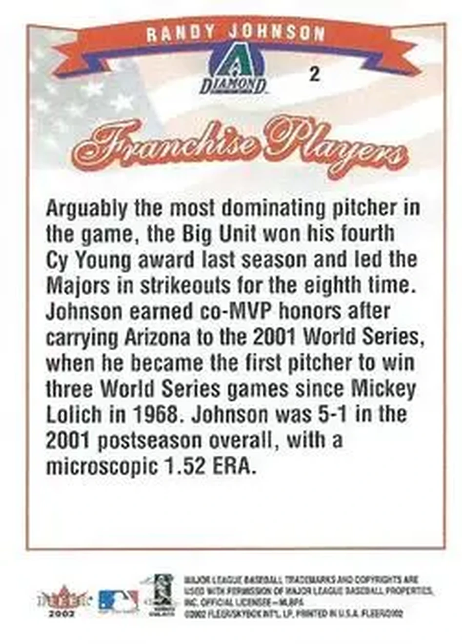 2002 Fleer #2 - Randy Johnson - Arizona Diamondbacks - Back
