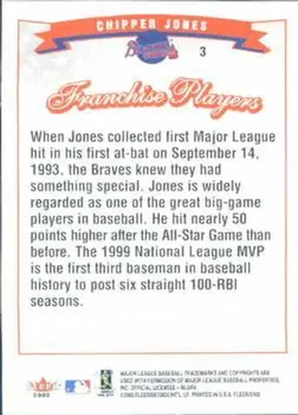 2002 Fleer #3 - Chipper Jones - Atlanta Braves - Back