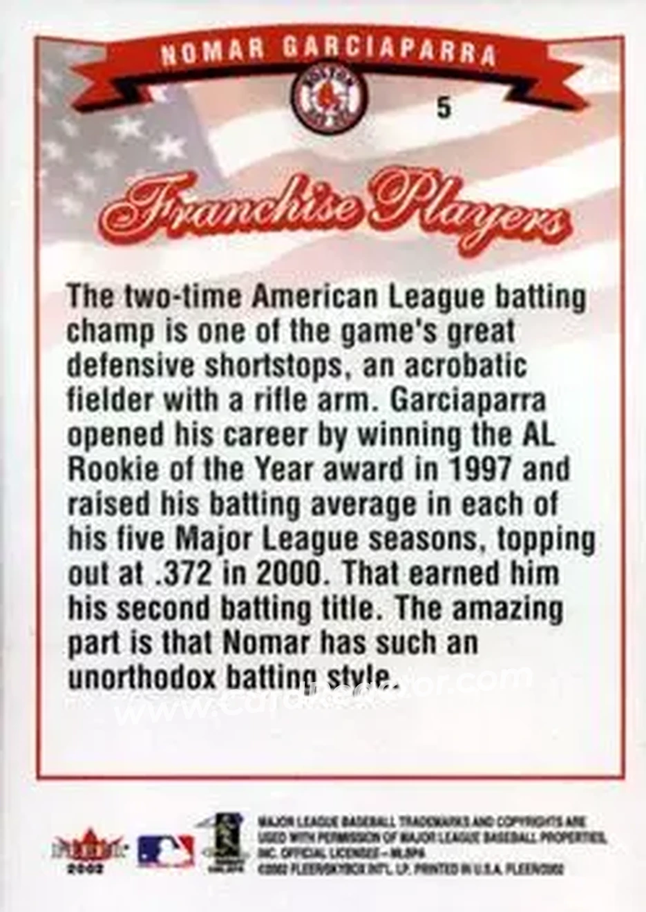 2002 Fleer #5 - Nomar Garciaparra - Boston Red Sox - Back 2002 Fleer #5 - Nomar Garciaparra - Boston Red Sox - Back