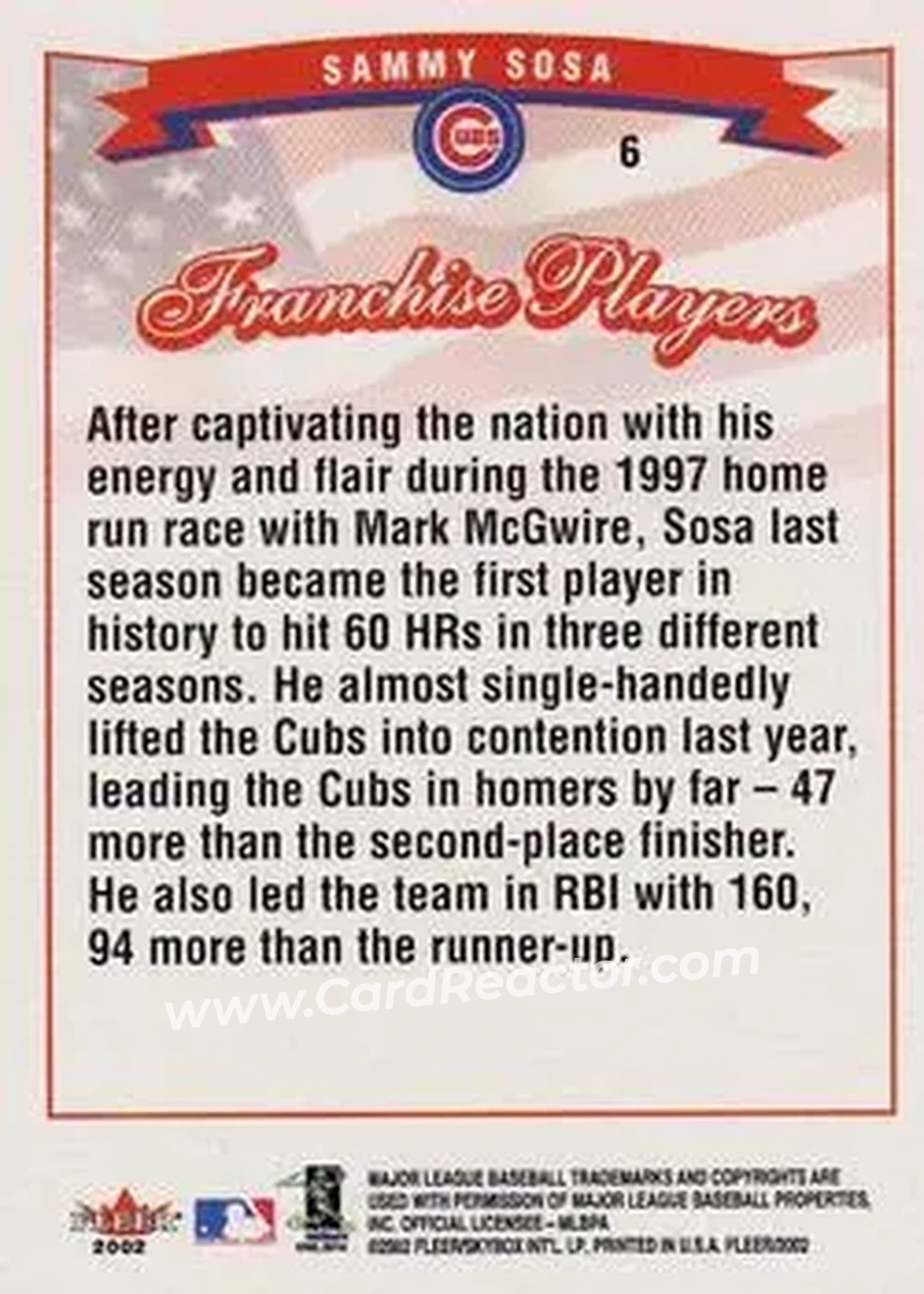 2002 Fleer #6 - Sammy Sosa - Chicago Cubs - Back 2002 Fleer #6 - Sammy Sosa - Chicago Cubs - Back
