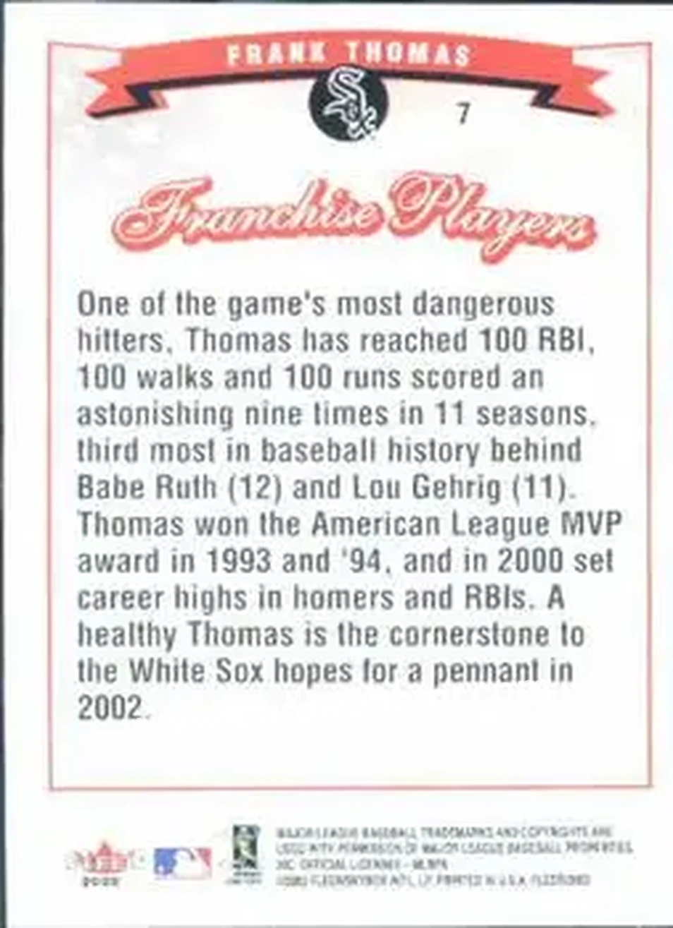 2002 Fleer #7 - Frank Thomas - Chicago White Sox - Back