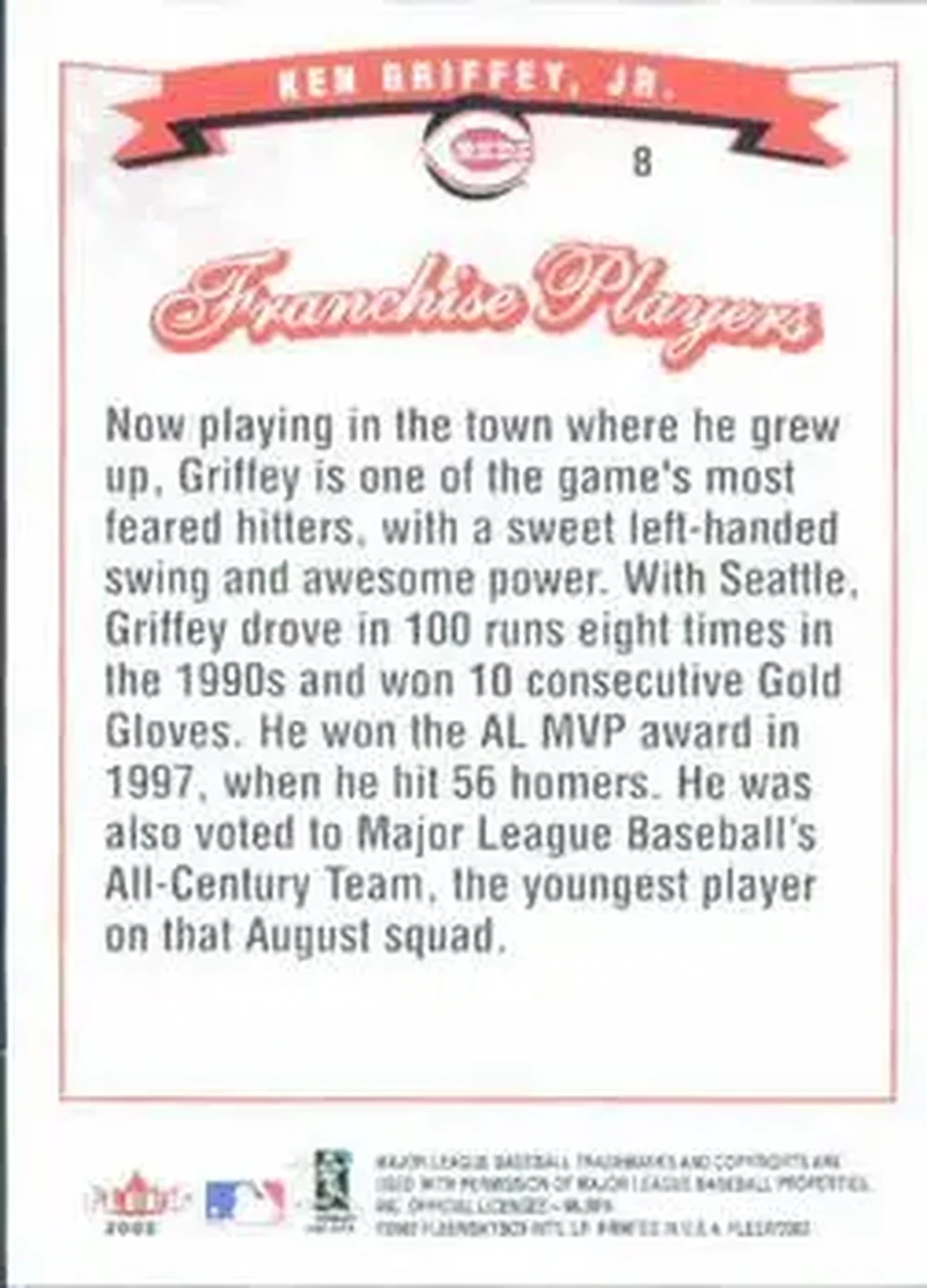 2002 Fleer #8 - Ken Griffey Jr. - Cincinnati Reds - Back