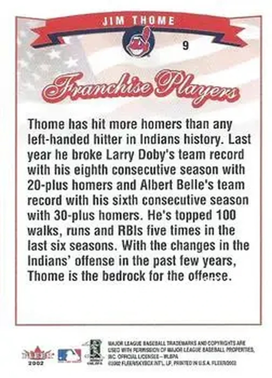 2002 Fleer #9 - Jim Thome - Cleveland Indians - Back
