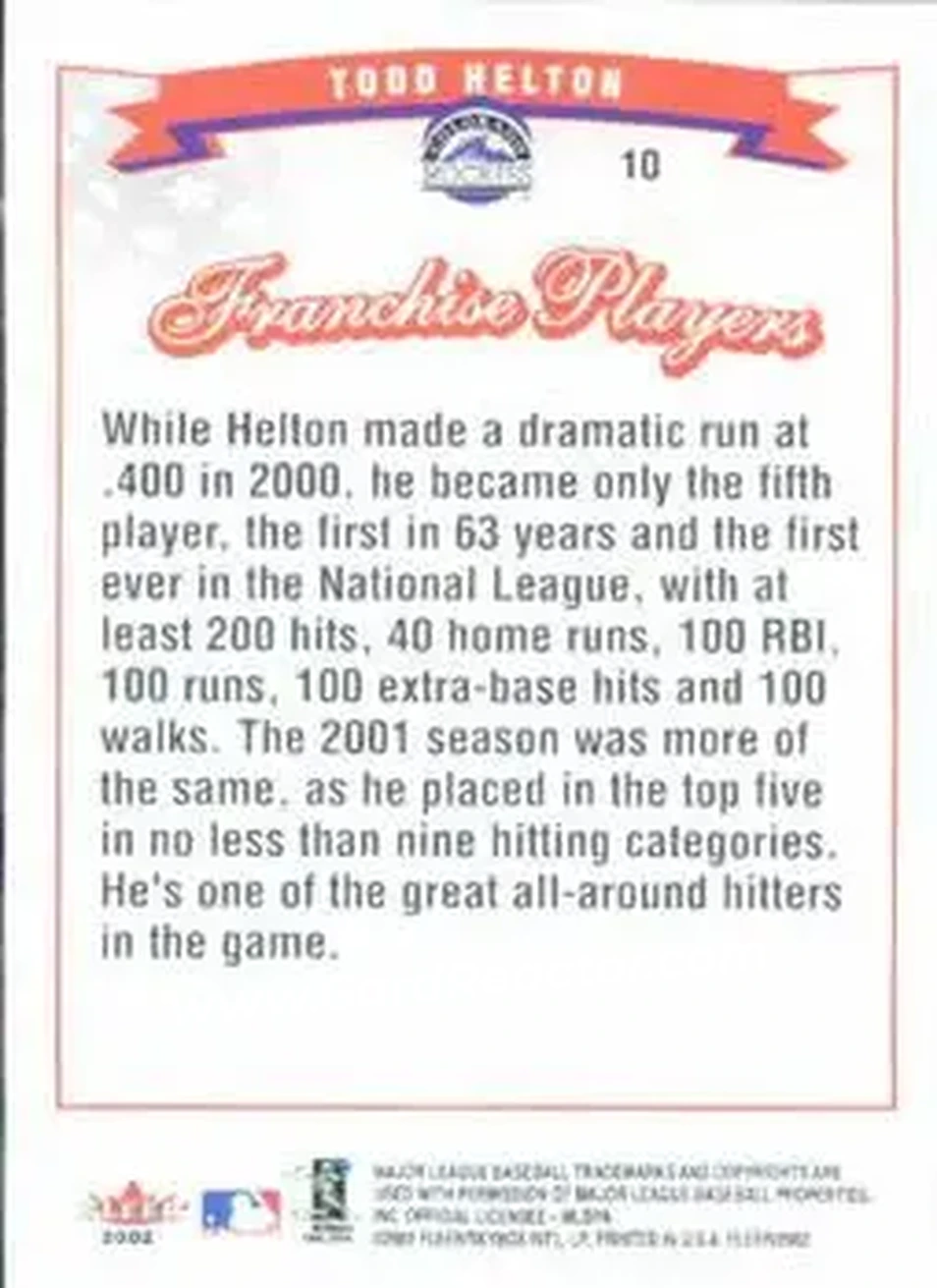 2002 Fleer #10 - Todd Helton - Colorado Rockies - Back 2002 Fleer #10 - Todd Helton - Colorado Rockies - Back