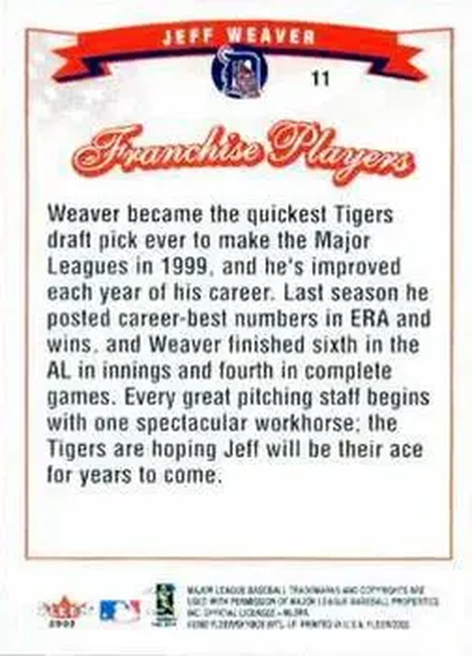 2002 Fleer #11 - Jeff Weaver - Detroit Tigers - Back 2002 Fleer #11 - Jeff Weaver - Detroit Tigers - Back