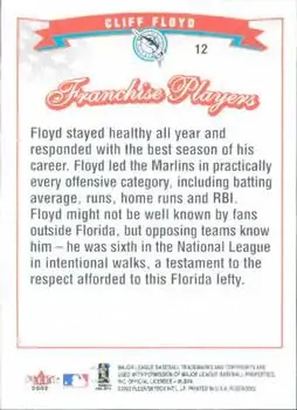 2002 Fleer #12 - Cliff Floyd - Florida Marlins - Back 2002 Fleer #12 - Cliff Floyd - Florida Marlins - Back