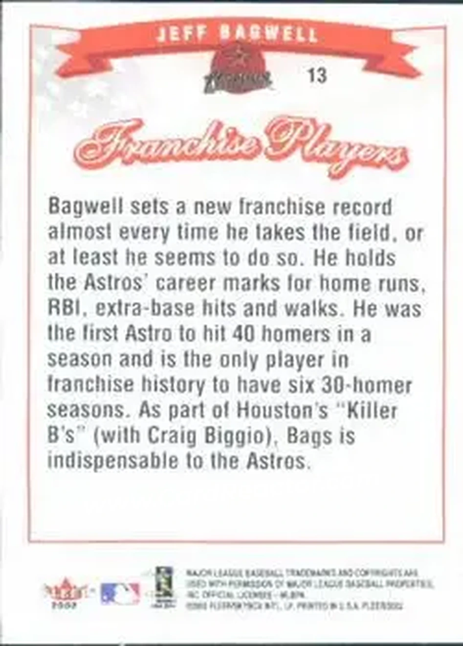 2002 Fleer #13 - Jeff Bagwell - Houston Astros - Back