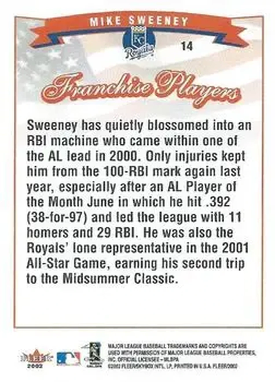 2002 Fleer #14 - Mike Sweeney - Kansas City Royals - Back 2002 Fleer #14 - Mike Sweeney - Kansas City Royals - Back