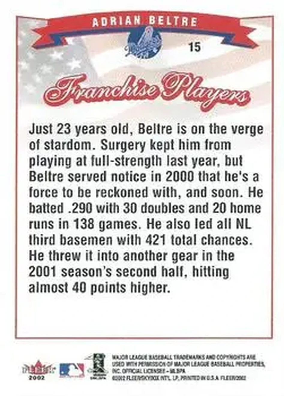 2002 Fleer #15 - Adrian Beltré - Los Angeles Dodgers - Back