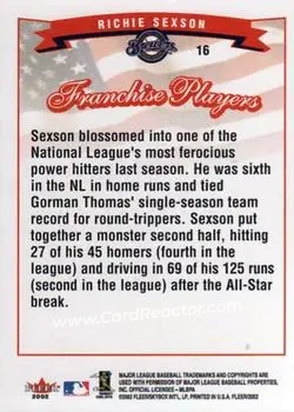 2002 Fleer #16 - Richie Sexson - Milwaukee Brewers - Back